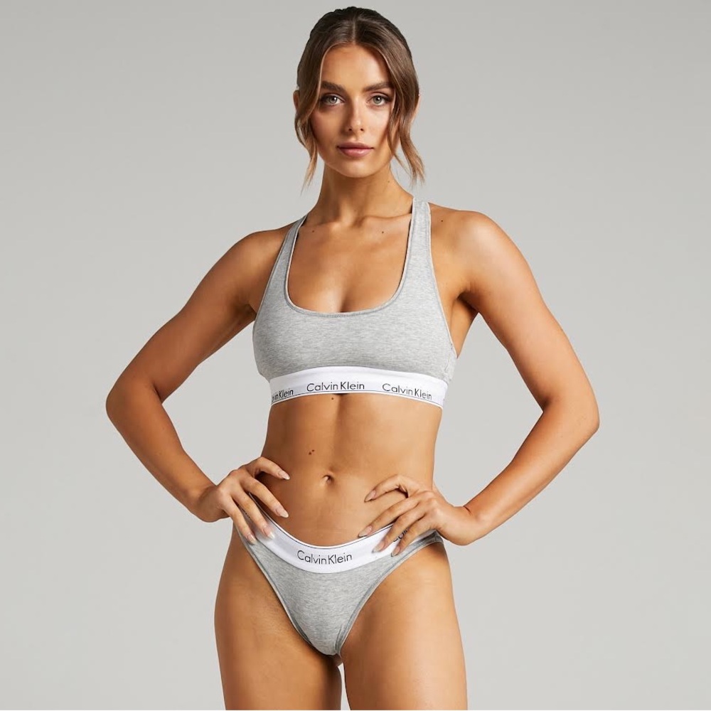 NWOT Calvin Klein Iconic 90s-Style Modern Cotton Grey Set Bra + Thong Size S